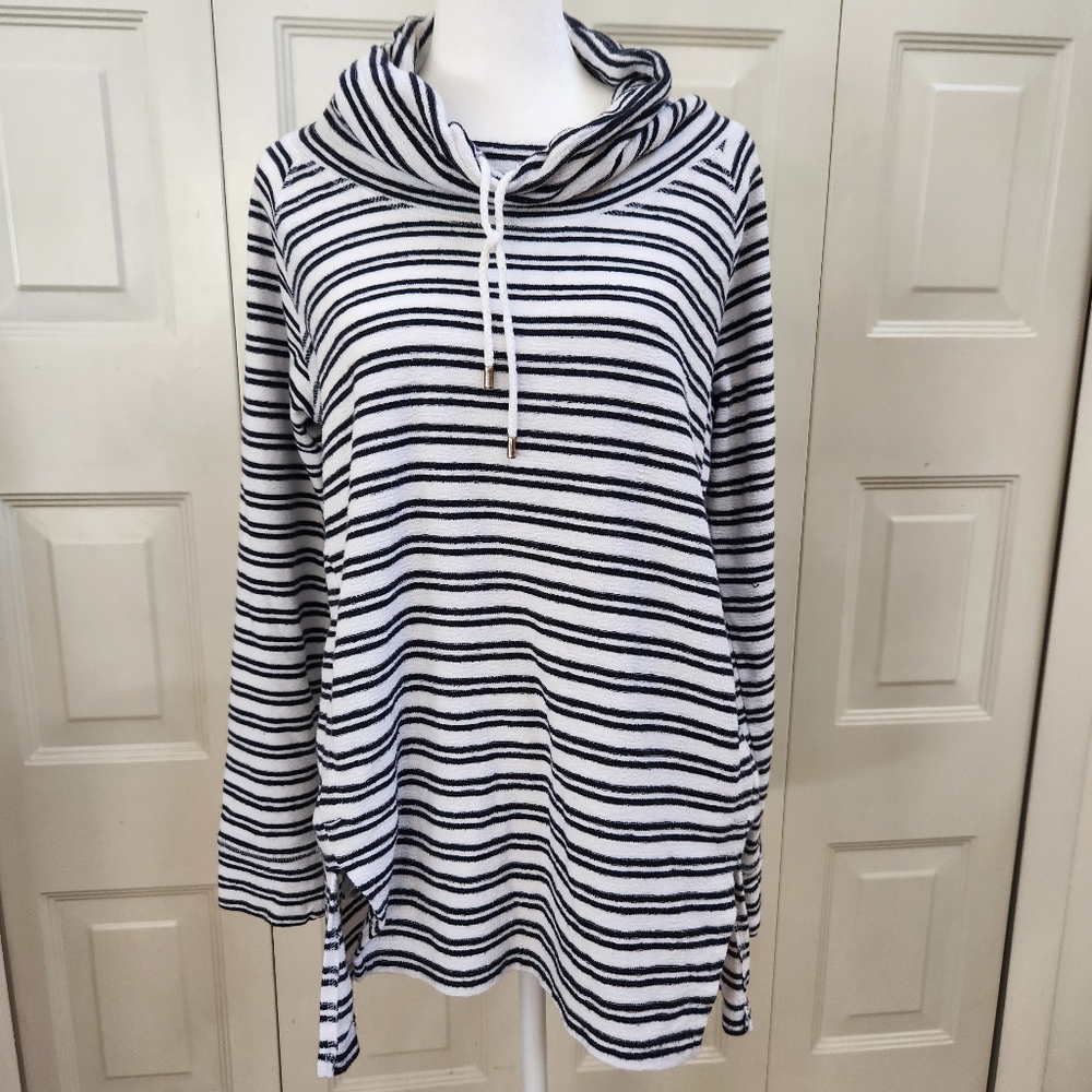 Tommy Hilfiger Black Striped LS Shirt Cotton Blend Cowlneck Pullover Medium